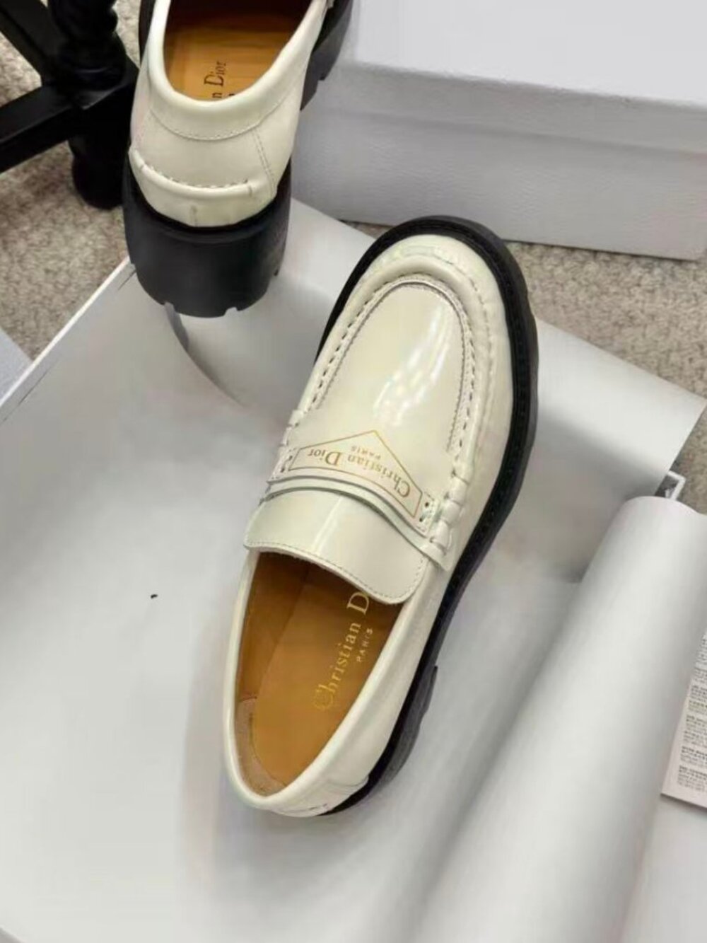 Dior White Leather Slip-On Lug Sole Loafers - Picture 4 of 6